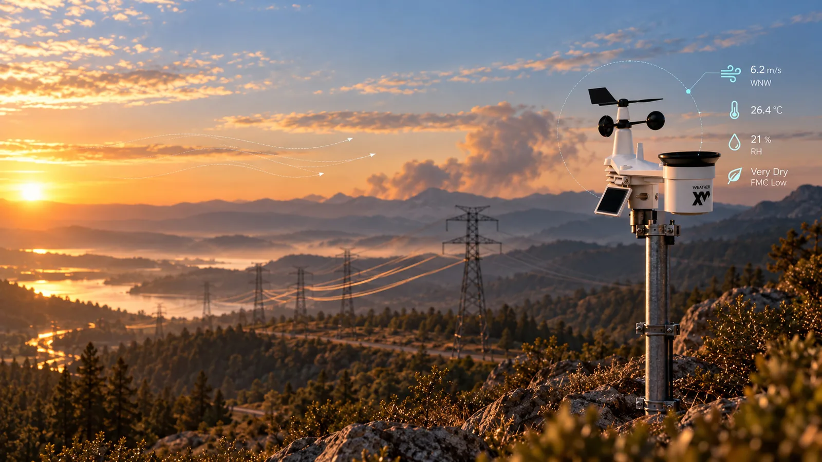WeatherXM station overlooking a transmission corridor at sunset