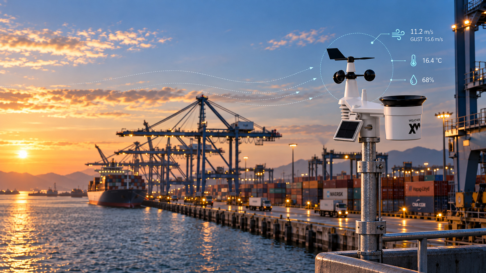 Weather station installed beside container terminal operations monitoring wind and gusts