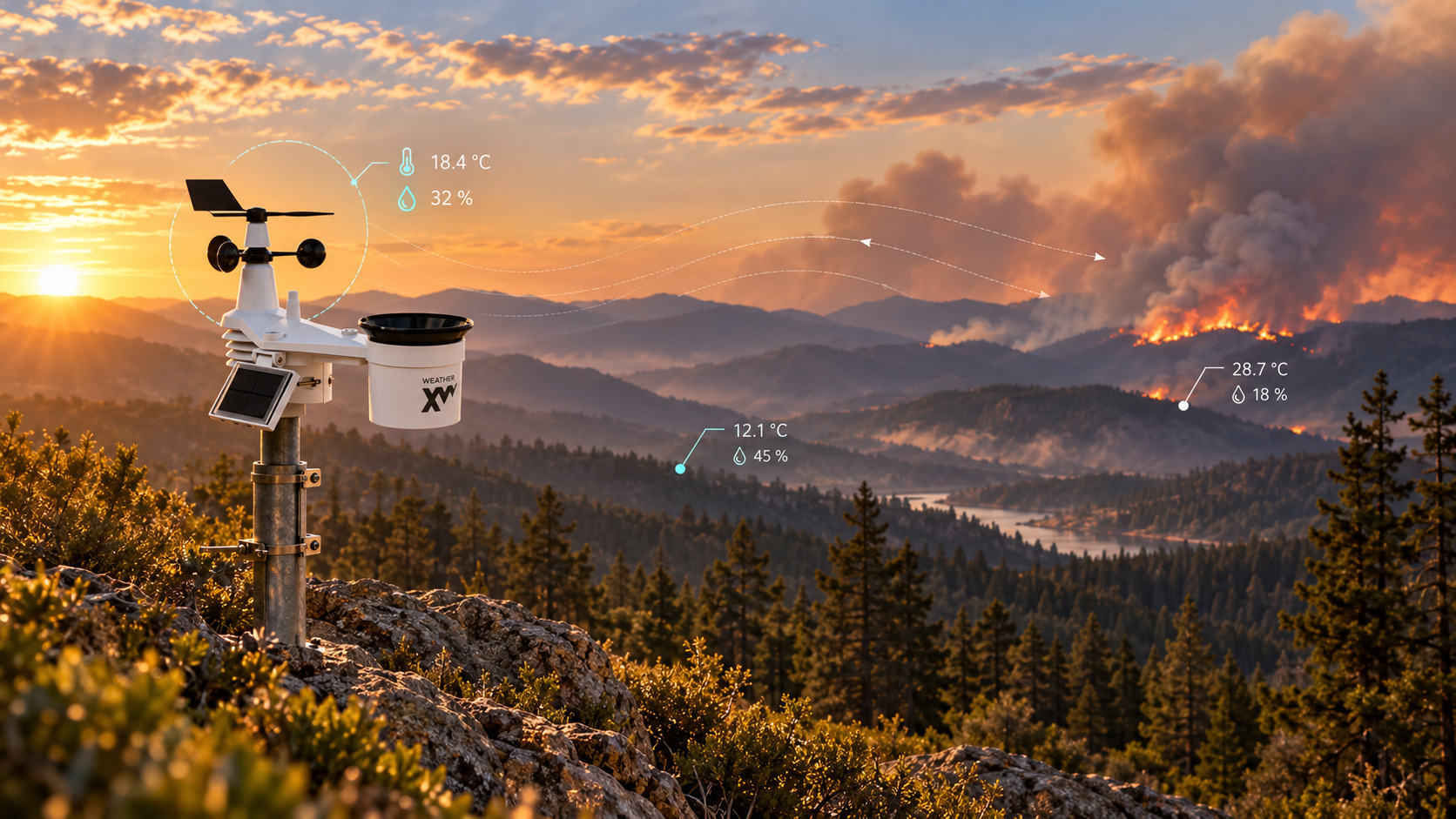 Weather station deployed on a mountain ridge monitoring fire weather conditions