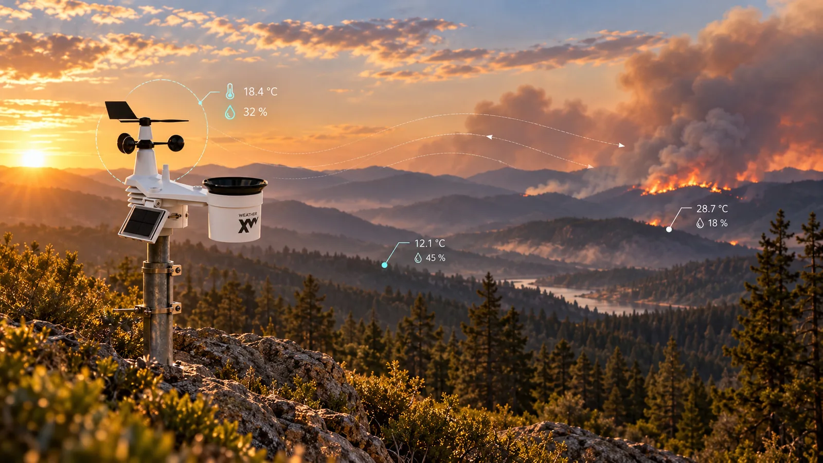 Weather station deployed on a mountain ridge monitoring fire weather conditions