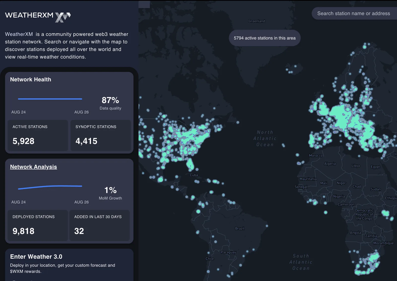 WeatherXM Public Network Explorer Map Interface